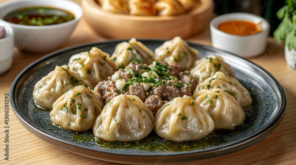 Delicious bosnian klepe dumplings served on a plate with flavorful sauce Delicious bosnian klepe dumplings served on a plate with flavorful sauce