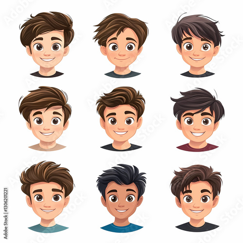 Cartoon Illustrations: Nine diverse boys with varying hairstyles and skin tones, all smiling. A vibrant collection of youthful charm.