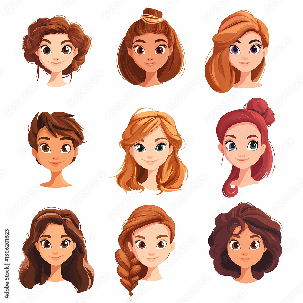 Cartoon characters showcasing various hairstyles and hair colors, each possessing distinct features and expressions for a diverse representation. Cartoon characters showcasing various hairstyles and hair colors, each possessing distinct features and expressions for a diverse representation.