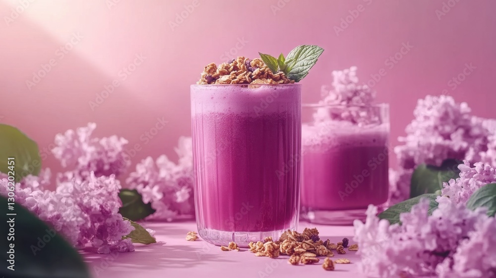 Glass of purple smoothie with a green leaf on top placed on a wooden table Glass of purple smoothie with a green leaf on top placed on a wooden table