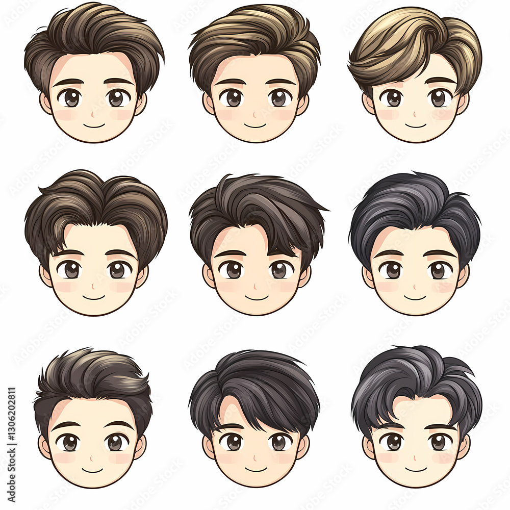 Cartoon Illustration of Hairstyle Variety: Nine unique hairstyle designs with different colors and styles for a character with a charming smile. Cartoon Illustration of Hairstyle Variety: Nine unique hairstyle designs with different colors and styles for a character with a charming smile.