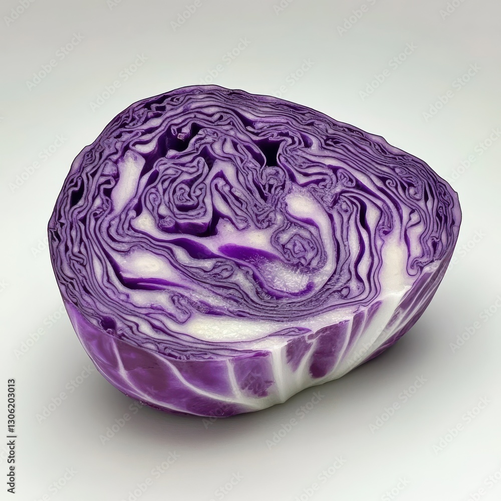 Visual texture of a sliced purple cabbage highlighting intricate layers and vibrant color Visual texture of a sliced purple cabbage highlighting intricate layers and vibrant color