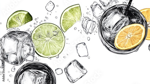 Refreshing drinks with ice and citrus slices photo