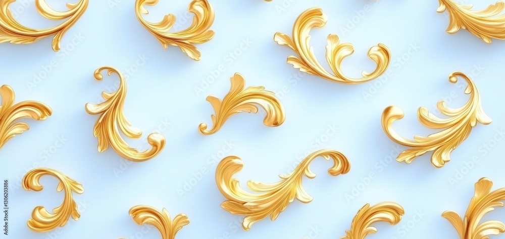 Fototapeta premium A decorative pattern featuring intricate golden swirls on a light blue background, showcasing elegance and artistry.