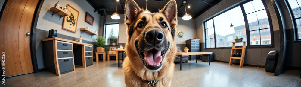 Fototapeta premium Canine's Happy Gaze in Home: A German Shepherd with a joyful, open-mouthed expression stands within a stylish, well-lit modern home or office.