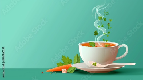 Delicious steaming soup in a white cup with fresh herbs and a carrot on a minimal backdrop.