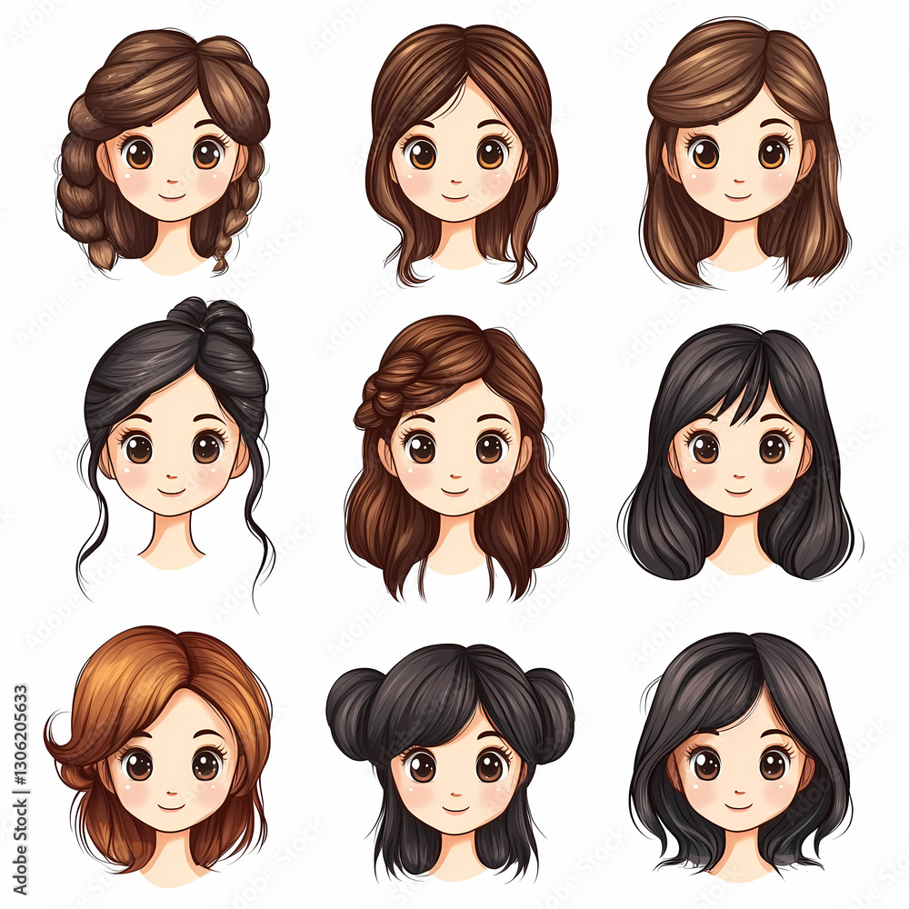 Illustration showcasing nine different hairstyle variations on female cartoon characters, ranging from braids to buns and straight styles. Illustration showcasing nine different hairstyle variations on female cartoon characters, ranging from braids to buns and straight styles.