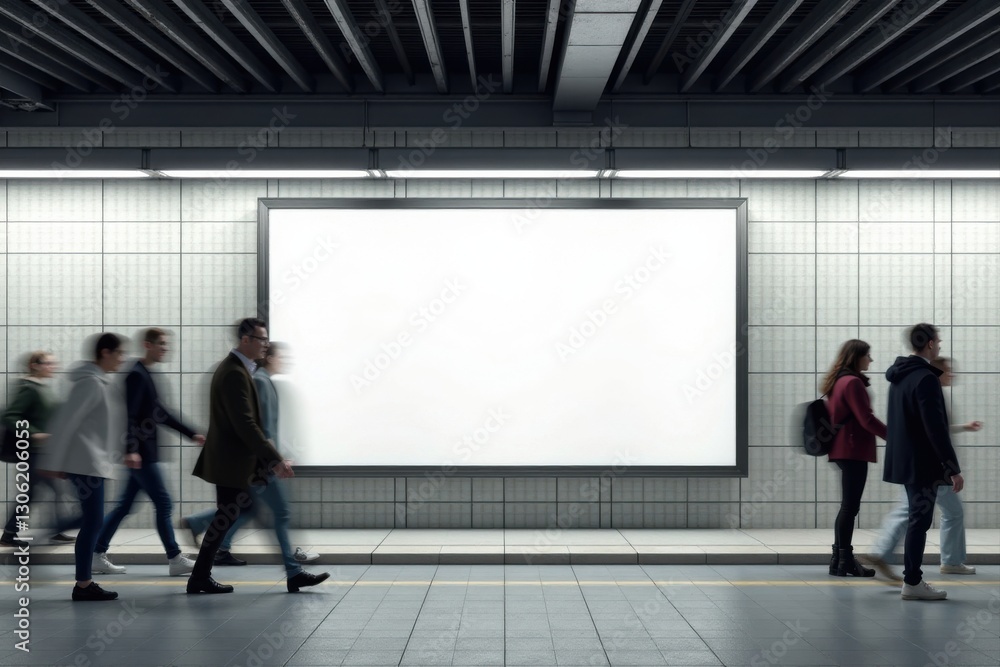 Fototapeta premium Blank Billboard Advertisement in Modern Subway Station with Blurred Pedestrians Passing By