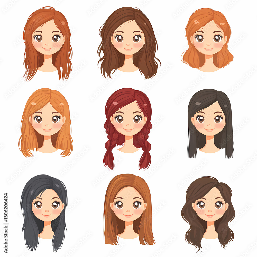 Diverse Hairstyle Collection: Charming animated characters showcase various hair colors and styles. Perfect for style guides and beauty content. Diverse Hairstyle Collection: Charming animated characters showcase various hair colors and styles. Perfect for style guides and beauty content.