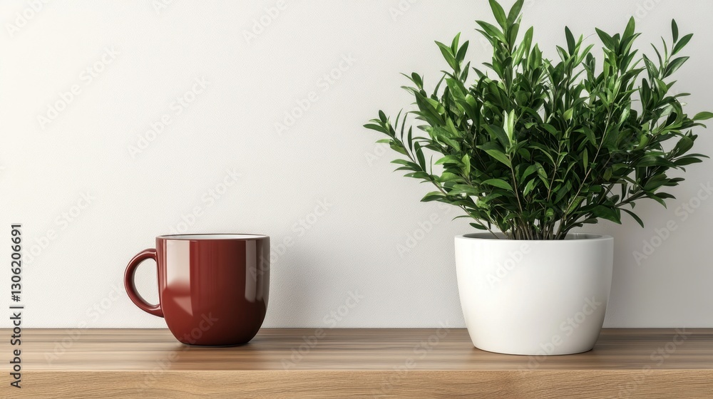 Fototapeta premium Potted green plants beside a coffee mug on a table in a bright indoor setting