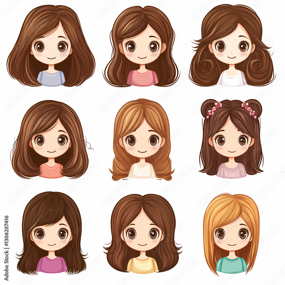 Collection of nine cartoon girl avatars with varied hairstyles and colors, set against a clean white backdrop, showcasing unique styles and designs. Collection of nine cartoon girl avatars with varied hairstyles and colors, set against a clean white backdrop, showcasing unique styles and designs.