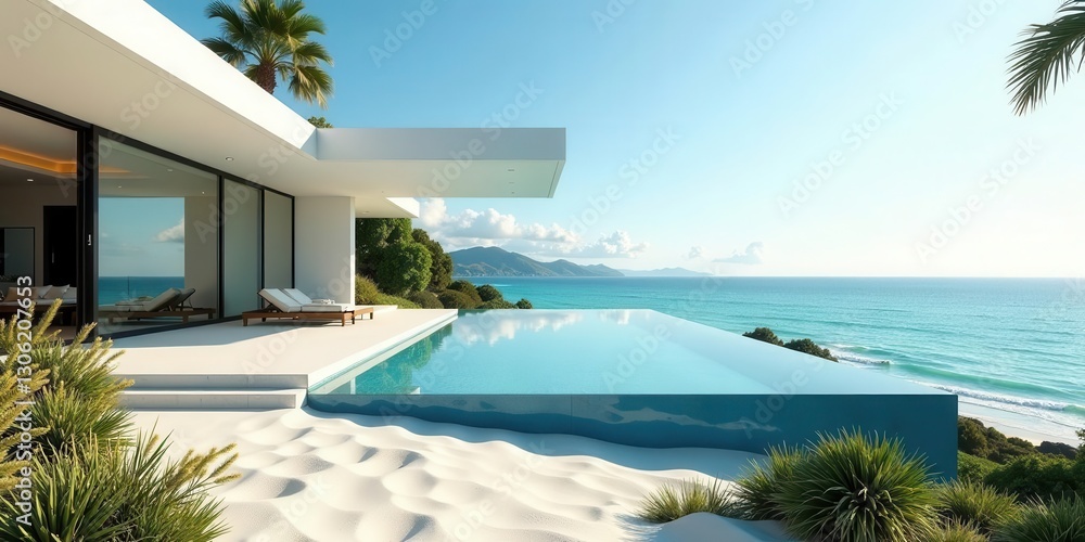 Fototapeta premium Oceanfront Infinity Pool Villa with Modern Architecture and Lush Landscaping