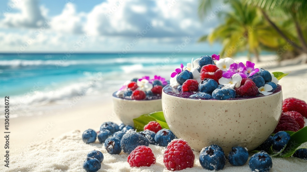 Bowl of assorted fruit on sandy beach with palm tree in the background under clear blue sky Bowl of assorted fruit on sandy beach with palm tree in the background under clear blue sky