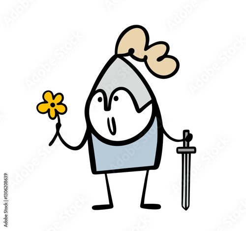 Romantic knight in medieval metal armor holds a sharp sword and presents a flower. Vector illustration of a character in love and a gift for a holiday or a date. Isolated cartoon man on white.