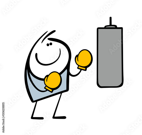 Stickman in the gym is training in boxing gloves, hitting  pear. Vector illustration of  satisfied athlete and equipment for sports and  healthy lifestyle. Isolated cartoon man on white background.