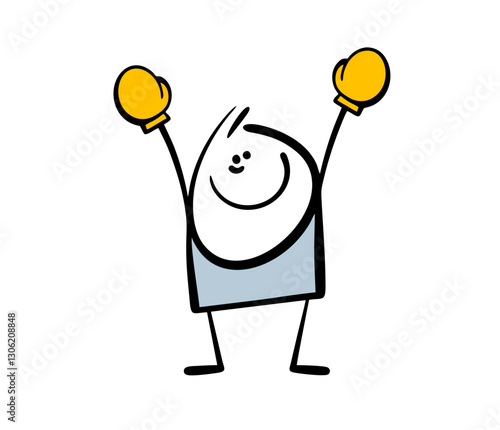 Satisfied stickman with  bruise won  boxing match. Vector illustration of the winner raising his hands, waiting for the award and  medal in the competition. Isolated cartoon man on white background.