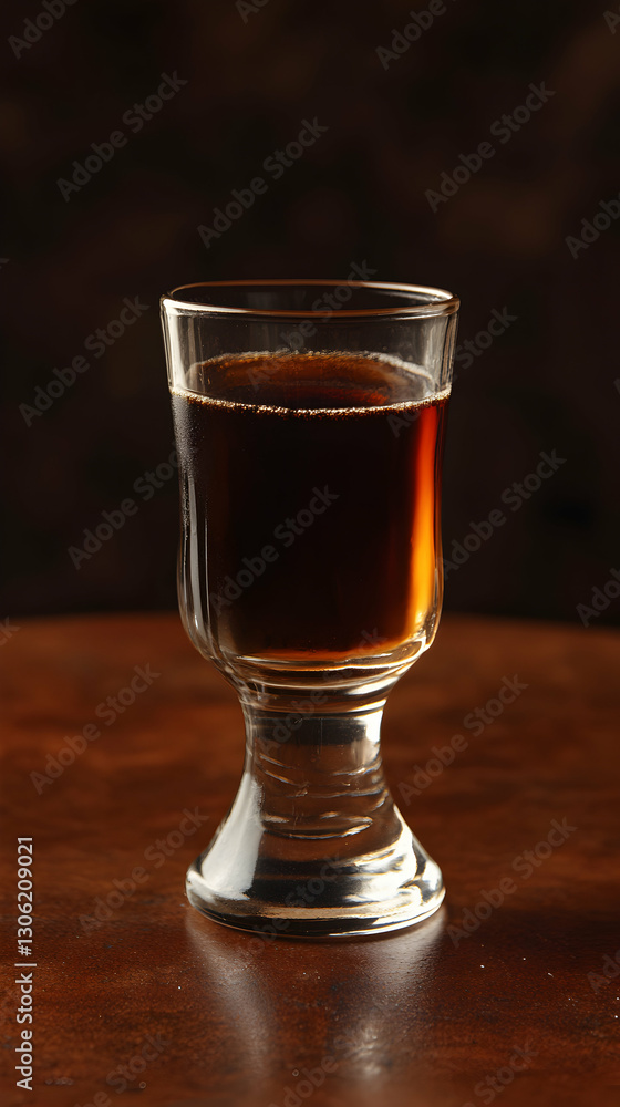 Elegant Glassware with Dark Herbal Liqueur Presentation on Wood Surface Elegant Glassware with Dark Herbal Liqueur Presentation on Wood Surface