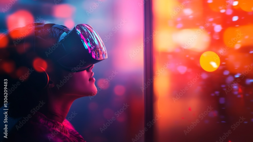 A person stands in a dimly lit room, fully engaged in a virtual reality headset, surrounded by vibrant holographic shapes that fill the space A person stands in a dimly lit room, fully engaged in a virtual reality headset, surrounded by vibrant holographic shapes that fill the space