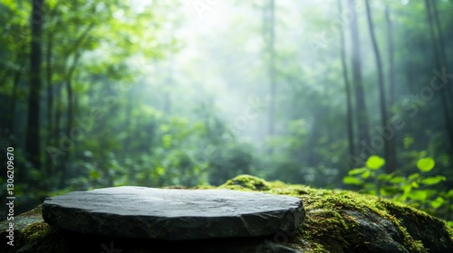 Fototapeta Naklejka Na Ścianę i Meble -  A textured grey podium rests on a moss-covered rock ledge, illuminated by dappled sunlight amid a dense forest in the background