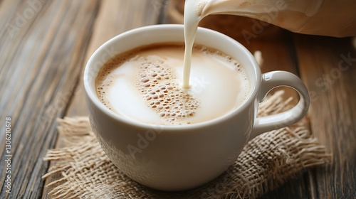 A cup of coffee and milk in the first light of the morning