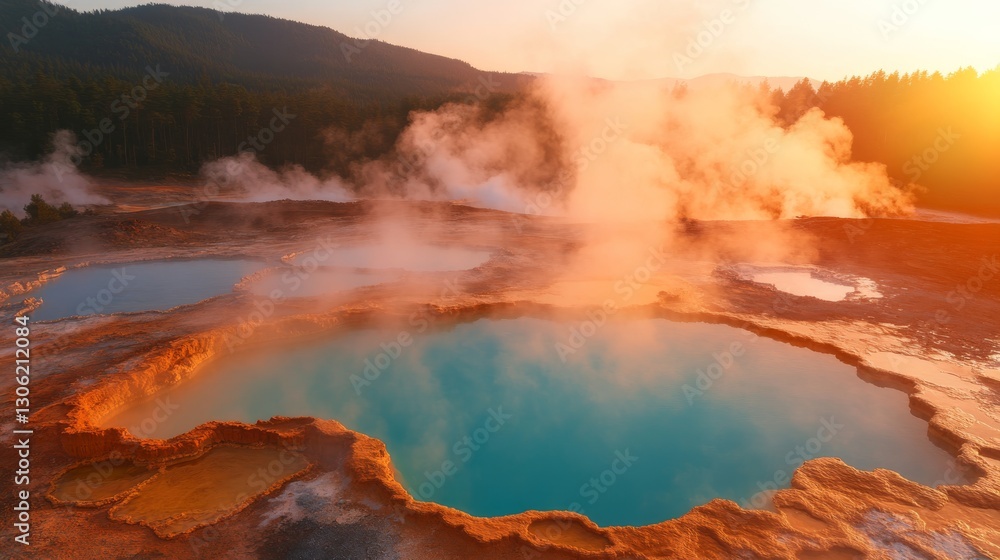 Fototapeta premium Low-angle view showcases surreal volcanic terrain with geothermal steam rising amid shimmering turquoise hot pools. Nature's beauty captivates all who visit