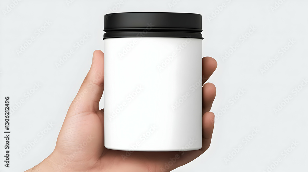 Hand Holding White Jar Mockup Product Container Isolated Background Hand Holding White Jar Mockup Product Container Isolated Background