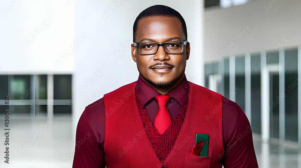 Handsome Business Man Smiling In Red Vest And Tie Realistic Photo Handsome Business Man Smiling In Red Vest And Tie Realistic Photo