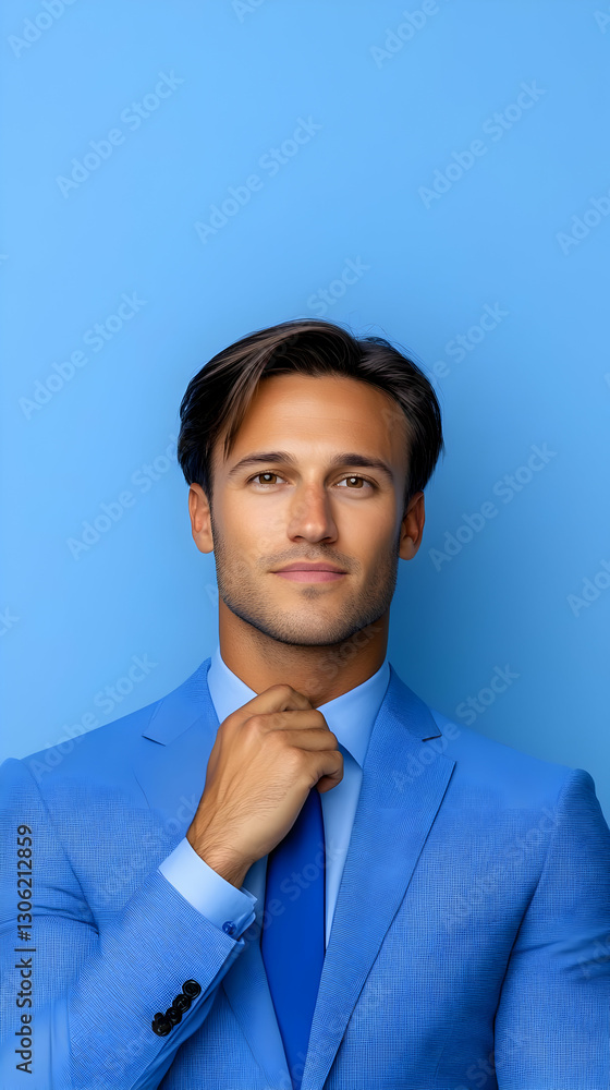 Handsome Man In Blue Suit Adjusts Tie Portrait Photo against a Blue Handsome Man In Blue Suit Adjusts Tie Portrait Photo against a Blue