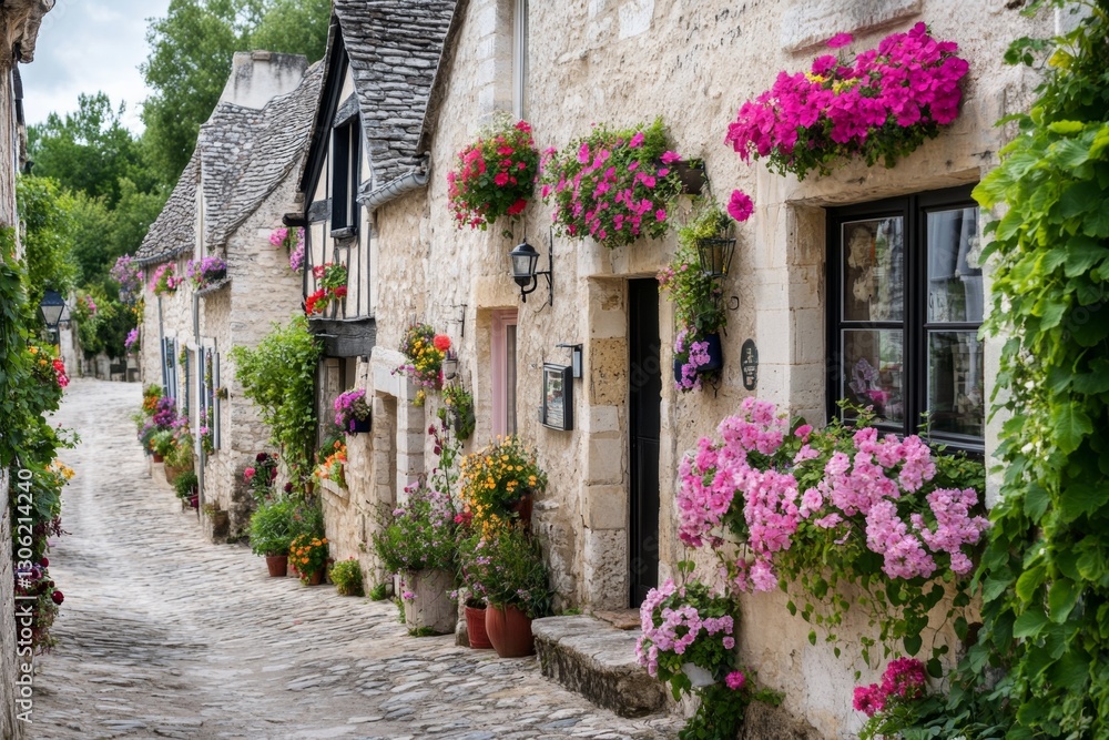 Obraz premium A quiet countryside village with cobblestone streets, quaint cottages, and flower boxes overflowing with vibrant blooms
