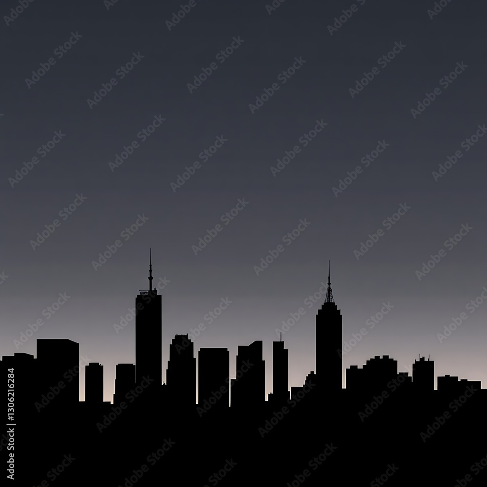 Stark Black Cityscape Silhouette in Vector Art Against Twilight Sky Stark Black Cityscape Silhouette in Vector Art Against Twilight Sky