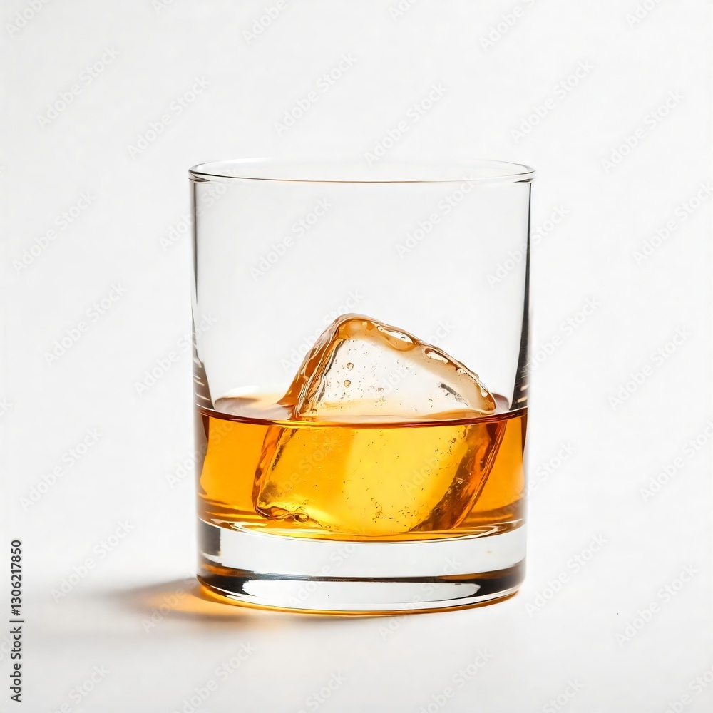 Golden Whiskey in Rocks Glass with Ice Cube Close up Studio Shot Golden Whiskey in Rocks Glass with Ice Cube Close up Studio Shot