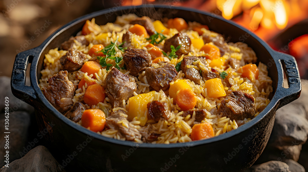 Hearty Uzbek plov simmers in a cast-iron pot over open flames, a culinary masterpiece Hearty Uzbek plov simmers in a cast-iron pot over open flames, a culinary masterpiece
