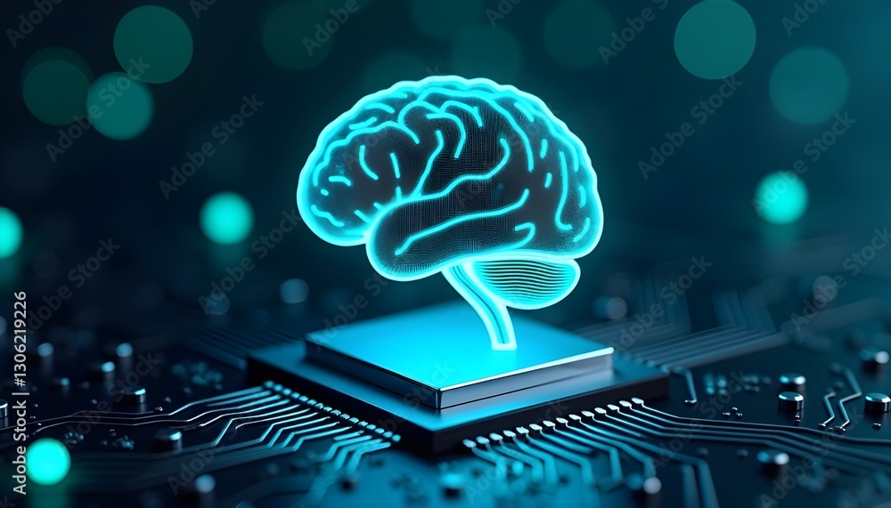 A futuristic abstract digital brain embedded with an AI microchip, glowing blue circuitry, and neon accents, representing advanced technology and innovation in artificial intelligence.