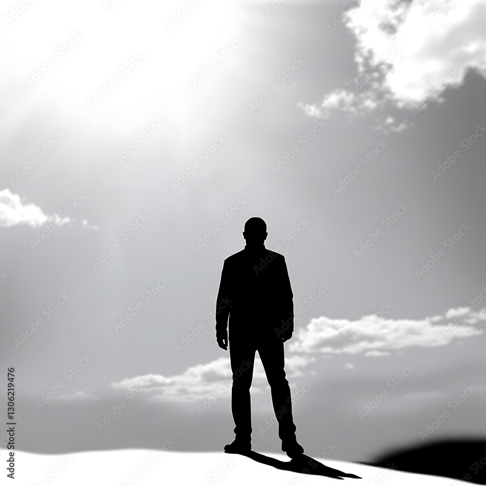 Dramatic Black Silhouette of Lone Figure Against Bright Sunlit Sky in Minimalist Style