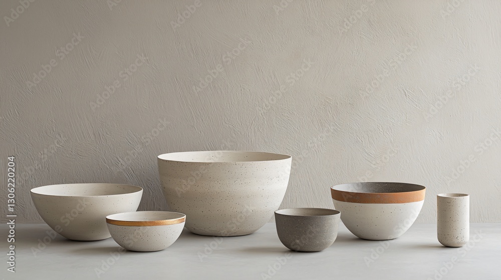 Fototapeta premium Elegant Concrete Bowls with Metallic Accents Modern Home Decor Minimalist Style Studio Setting Aesthetic Design