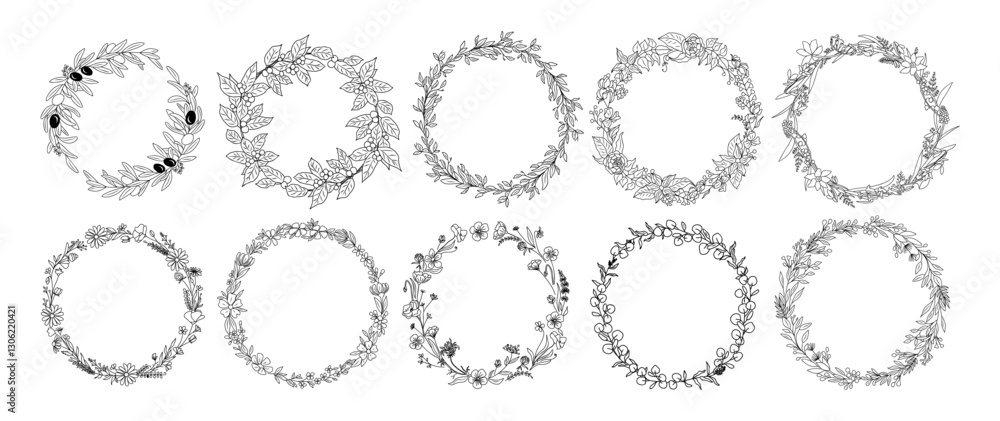 Set of Hand drawn botanical wreath line art vector illustrations isolated on white background. Circle frames with leaves and flowers in black ink sketch style. Elegant decorative design element. Set of Hand drawn botanical wreath line art vector illustrations isolated on white background. Circle frames with leaves and flowers in black ink sketch style. Elegant decorative design element.