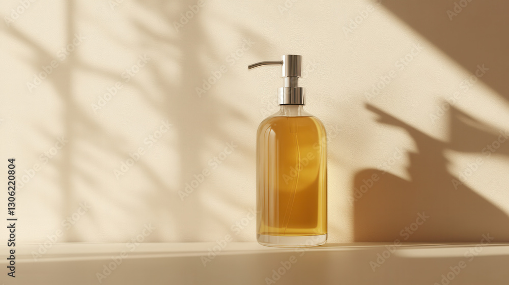 A stylish glass hand wash bottle with a silver pump, containing a light amber liquid, set against a neutral beige backdrop A stylish glass hand wash bottle with a silver pump, containing a light amber liquid, set against a neutral beige backdrop