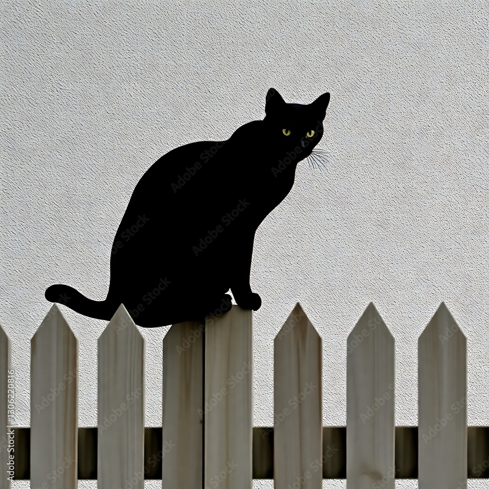 Bold Silhouette of a Sleek Cat Perched on a Fence Against a Textured Wall