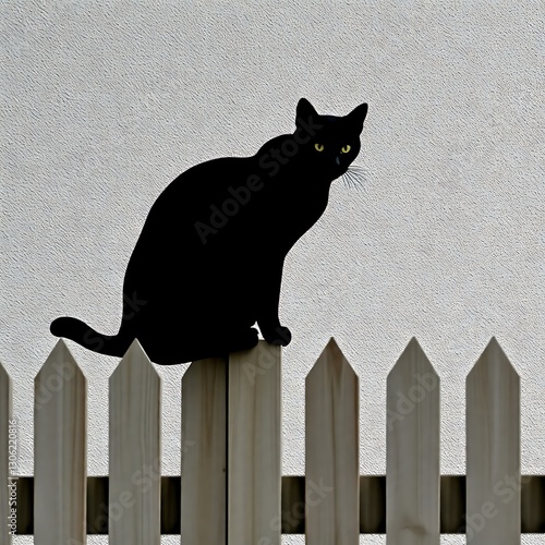 Obraz na płótnie Bold Silhouette of a Sleek Cat Perched on a Fence Against a Textured Wall w salonie