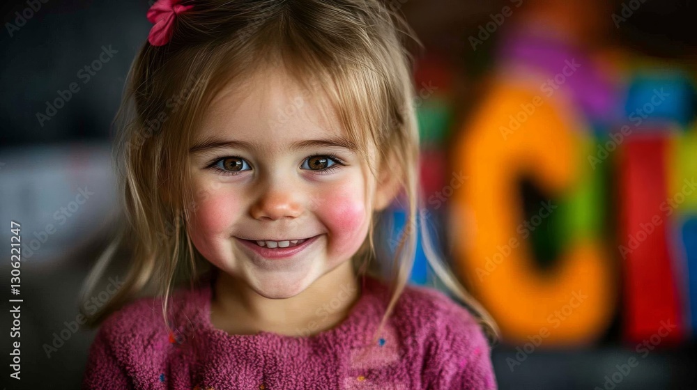 A young child with a joyful expression plays in an inviting indoor space filled with colorful toys. Soft natural light highlights their cheerful face A young child with a joyful expression plays in an inviting indoor space filled with colorful toys. Soft natural light highlights their cheerful face