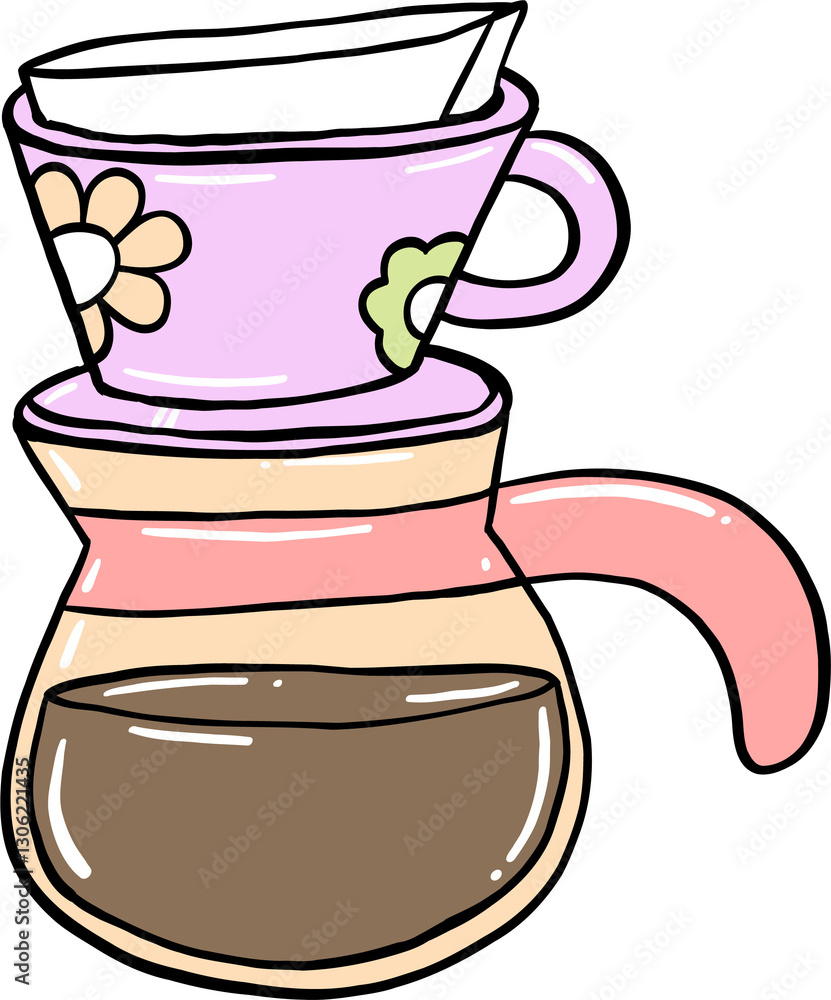 A playful digital illustration of a pour-over coffee maker with a floral pink dripper and paper filter, drawn in a doodle style A playful digital illustration of a pour-over coffee maker with a floral pink dripper and paper filter, drawn in a doodle style