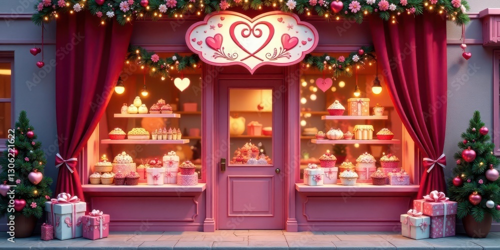 Fototapeta premium A charming pink confectionery shop decked out for the holidays, showcasing an array of delightful pastries and presents