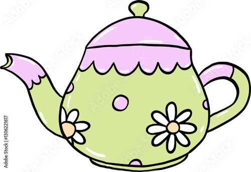 Hand-drawn illustration of a decorative teapot with pastel colors, floral patterns, and a whimsical cartoon style, perfect for tea lovers