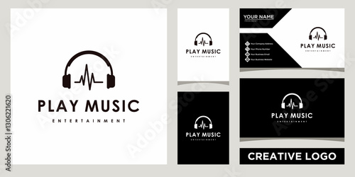 Headphones with music wave, audio max entertainment logo design template with business card design Premium Vector
