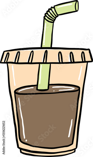 Hand-drawn illustration of an iced coffee in a takeaway cup with a green straw, featuring a playful and colorful cartoon style