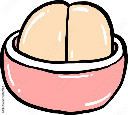 Playful hand-drawn illustration of a round bread roll with a split top, served in a pink bowl, featuring a cartoon-style design