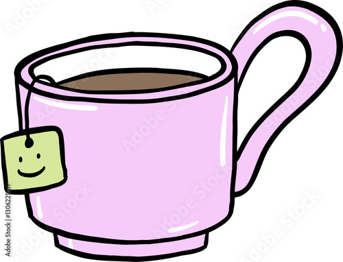 Playful hand-drawn illustration of a pastel purple tea cup filled with tea, featuring a smiling tea bag in a fun cartoon style