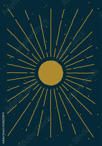 Hand drawn sunburst vector illustration. Minimalist boho radiating sun line drawing. Vintage mystic art, spiritual rays symbol for prints, branding, cards, and design.