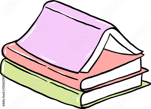 Playful hand-drawn illustration of a stack of books in pastel colors, featuring an open book on top, drawn in a simple cartoon style