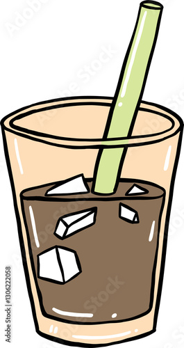 Playful hand-drawn illustration of an iced coffee in a tall glass with a green straw and ice cubes, featuring a fun cartoon style